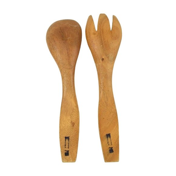 Vintage Monkey Pod Pineapple Wooden Bowl Salad Set 7 Pieces Tiki Beach - Picture 11 of 11